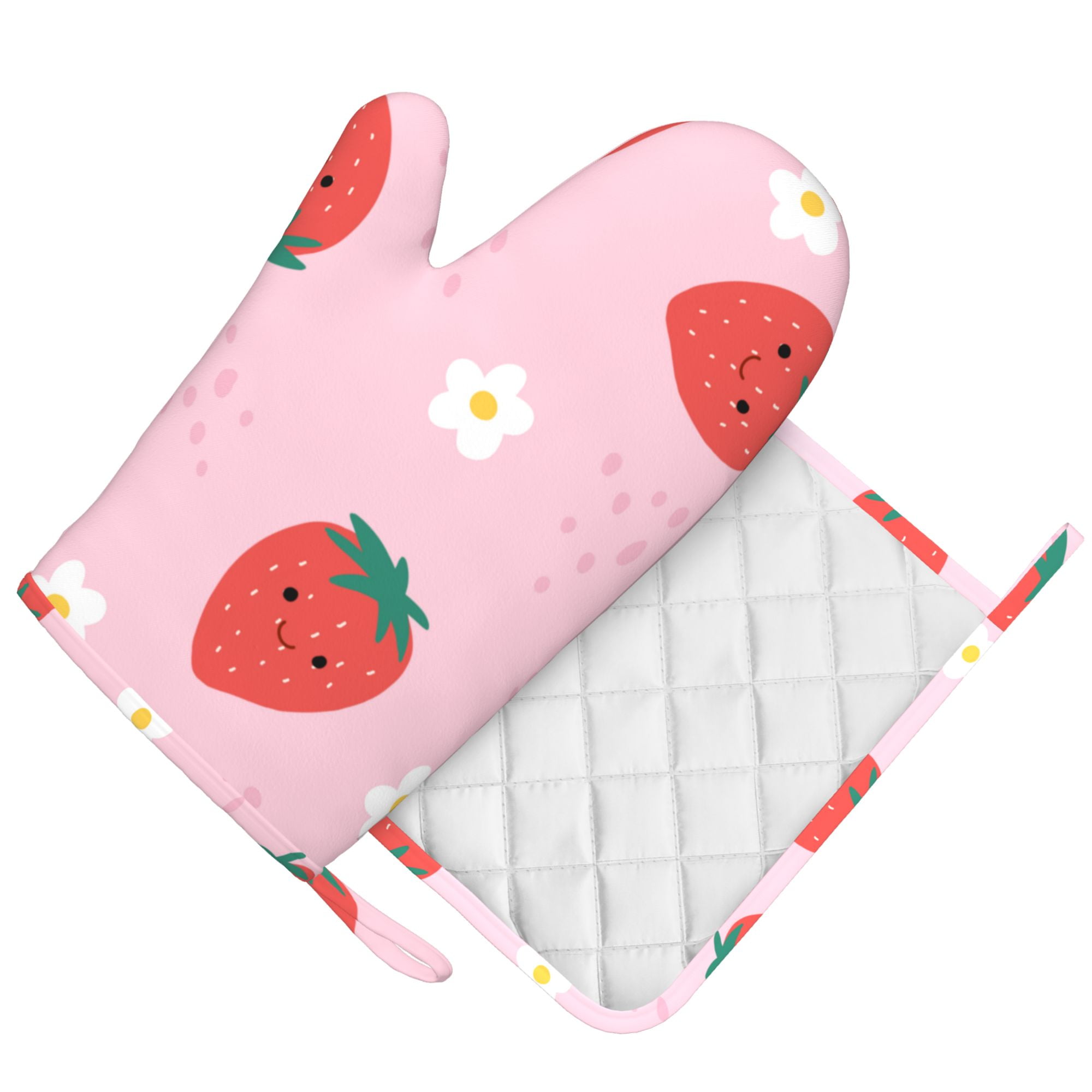 DouZhe Oven Mitts and Pot Holders Sets, Pink Cute Fun Strawberry Prints