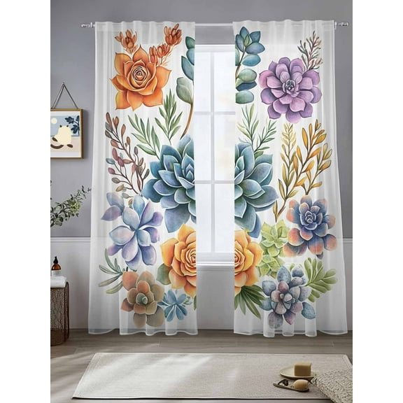Spring Floral Succulents Sheer Curtains for Living Room Bedroom Watercolor Botanical Farmhouse Sheer Curtains 84 Inch Long 2 Panels Set Light Filtering Curtain Window Treatments Drapes