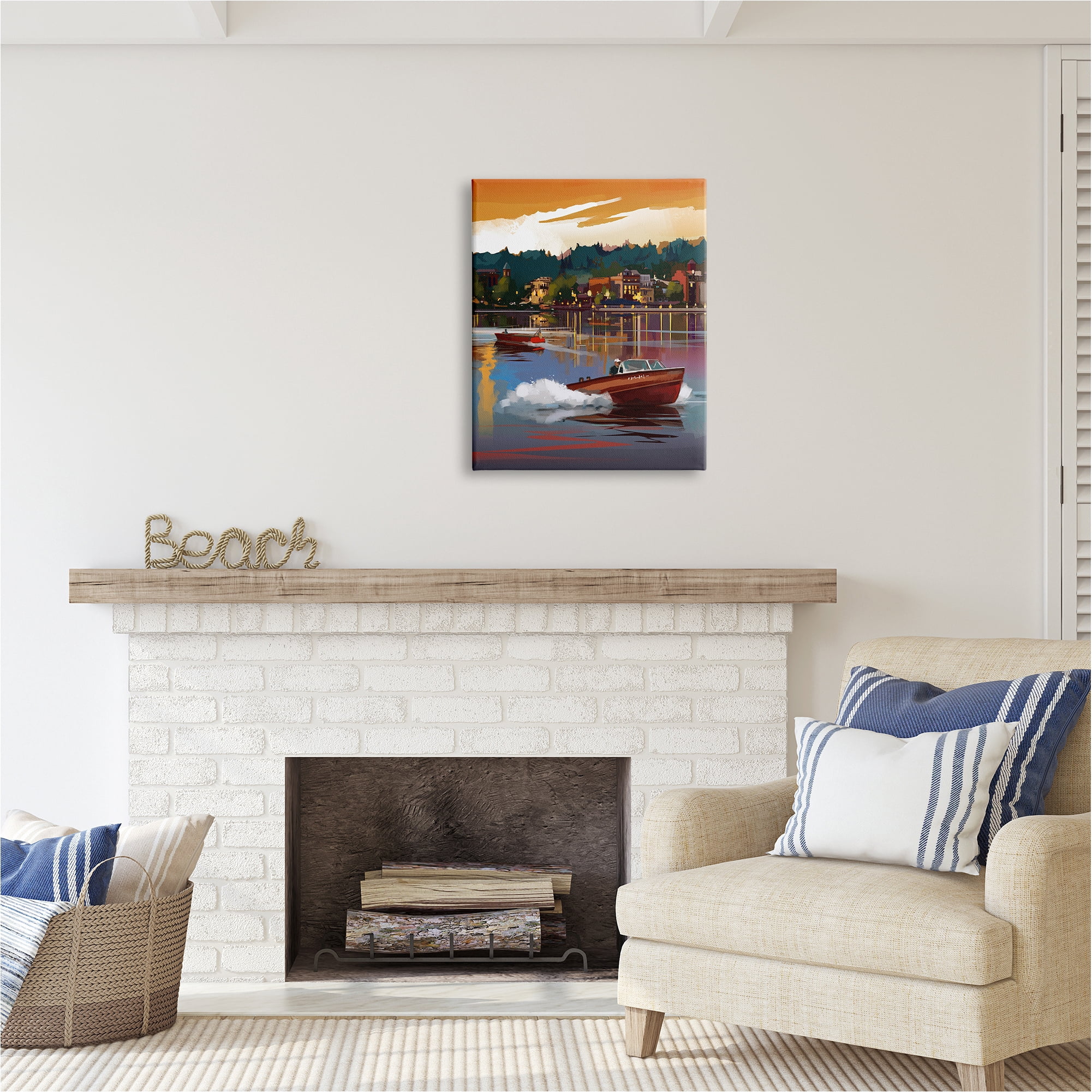 Stupell Industries Boats at Sunset Pier Transportation Painting Gallery Wrapped Canvas Art Print Wall Art, 24 x 30