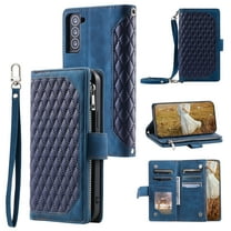 Feishell Crossbody Wallet Phone Case for Samsung Galaxy S21 FE 5G,Luxury PU Leather Magnetic Buckle Zipper Pocket Card Slots Flip Stand Protective Cover with Hand Strap & Shoulder Strap,Blue