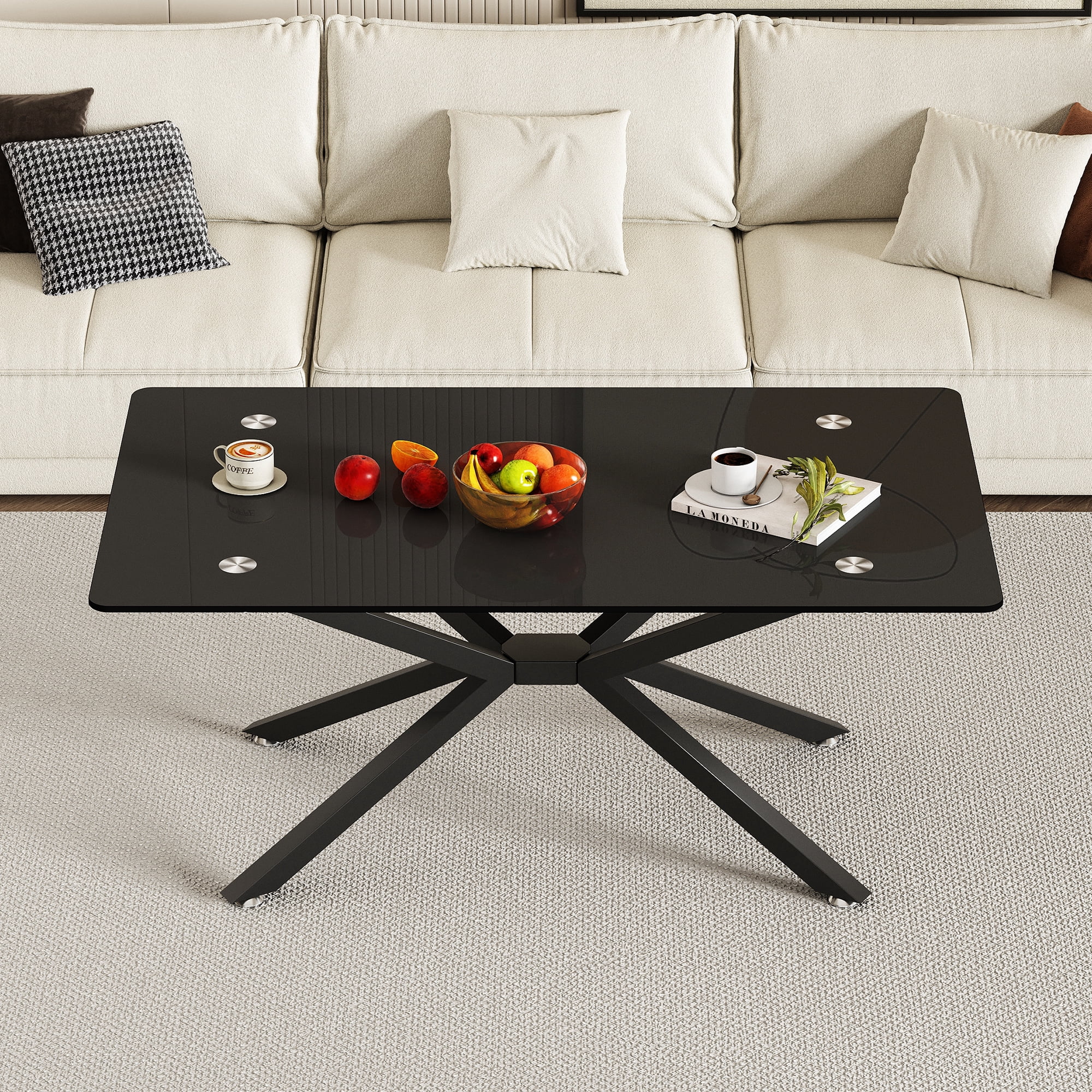 Rectangular Glass Coffee Table 39.37 Inch, Black Tempered Glass Top with Sturdy Metal Legs for Living Room Office Center Table, Modern Minimalist Design