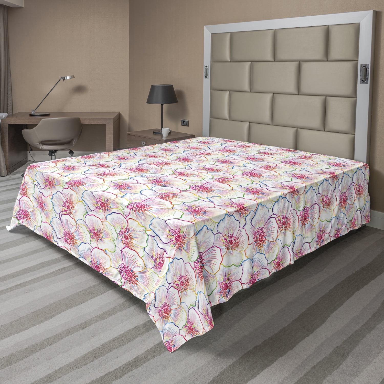 Floral Flat Sheet, Top View Layout of Colorful Budding Flowers Spring