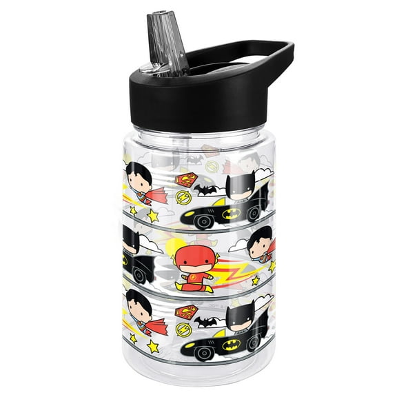 Justice League Kids Tritan Plastic Water Bottle with Straw Lid and Handle, Reusable Tumbler for Toddlers, Unisex for Girls and Boys, 12oz, Trio Wrap Pattern