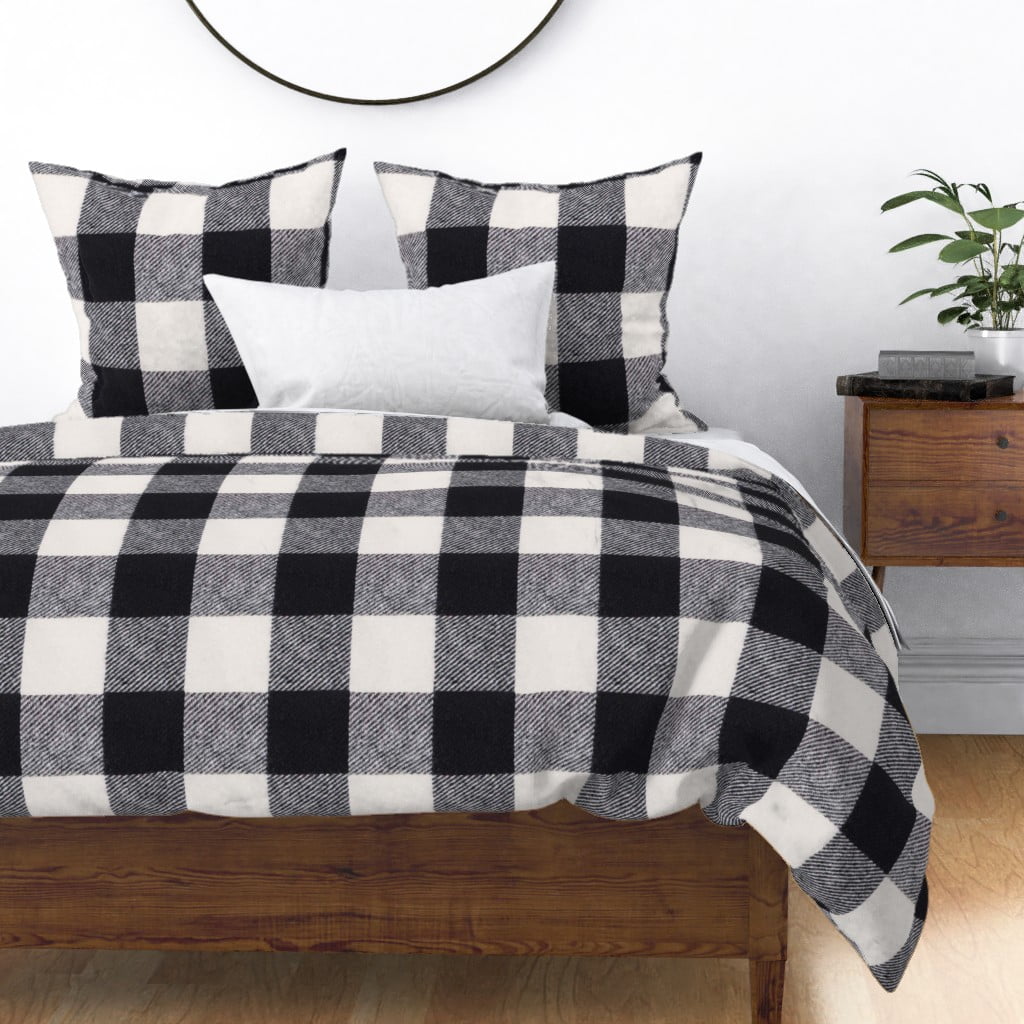 Cream And Black Buffalo Check Plaid White Winter Sateen Duvet Cover by
