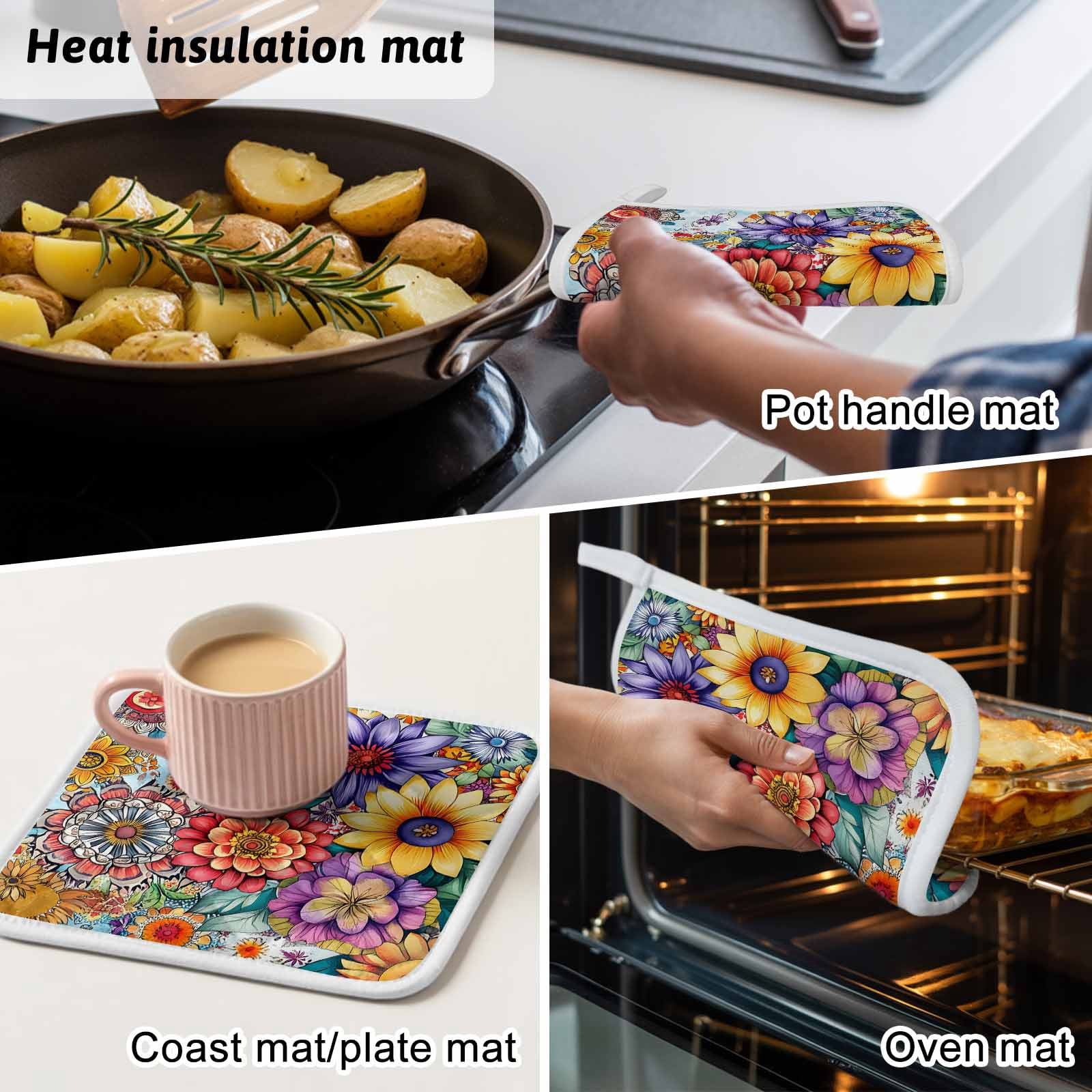 Boho Flowers Pot Holders for Kitchen Heatproof Potholder, 5 Pack Bohemia Ethnic Floral Colorful Floral Hot Pads Multipurpose Oven Pads Cloth Potholders Trivet for Cooking Baking
