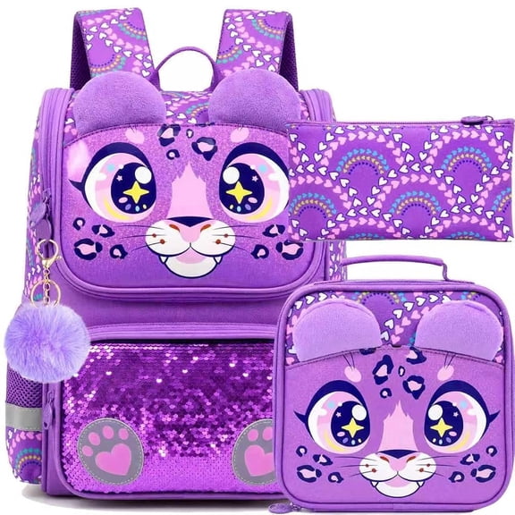 3-Piece Leopard Backpack Set for Girls, 15" Kids' Sequin Bookbag with Lunch Box, Purple School Bag for Elementary, Preschool, and Toddlers