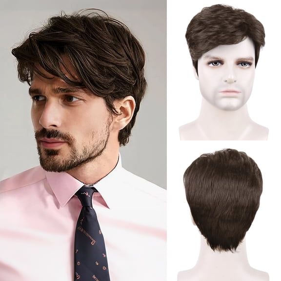 Phocas Mens Short Brown Wig Mens Curly Wigs Layered Natural Fluffy Synthetic Hair Wig Heat Resistant With Daily