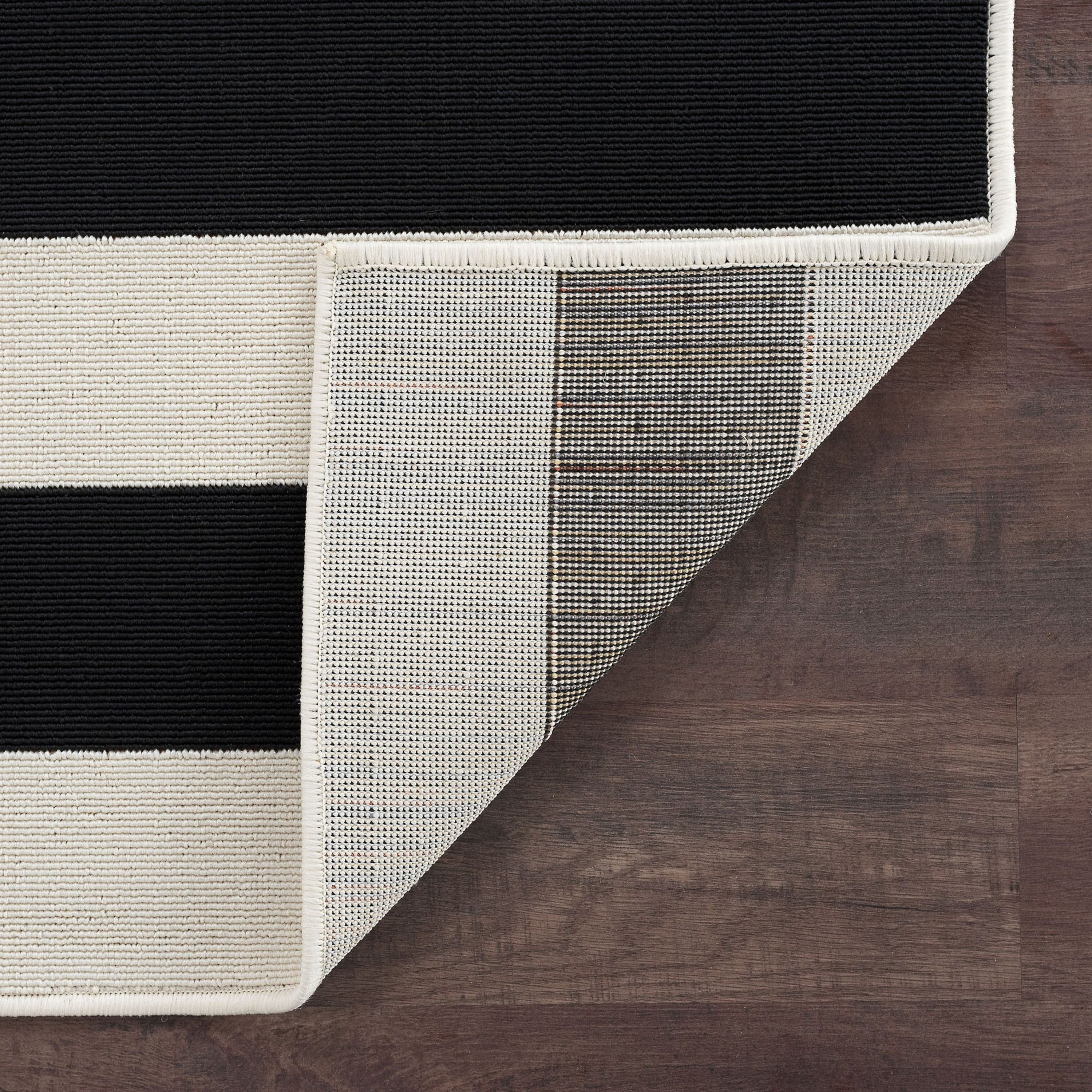 3x8 Water Resistant, Indoor Outdoor Runner Rugs for Patios, Hallway, Entryway, Deck, Porch, Balcony or Kitchen | Outside Area Rug for Patio | Black, Stripe | Size: 2'7'' x 7'3''