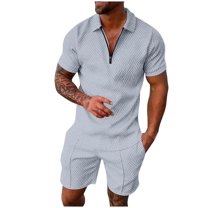Dpytoraw Men's Casual Striped Printed Two Piece Zippered Lapel Short Sleeved Shirt Drawstring Pocket Short Set
