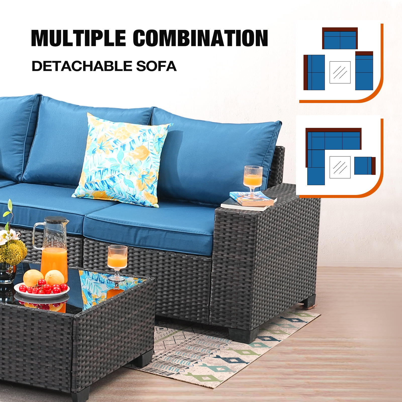 JOYURE 7 Pieces Patio Furniture set All-Weather Outdoor Wicker Sectional Conversation Sofa Rattan patio seating sofa with cushion and Glass Table and Ottoman for Porch Poolside,Peacock