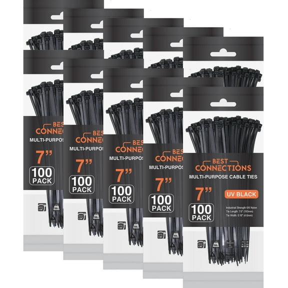Best Connections 1000 Piece 8" Black Cable Ties, 50 lbs Tensile Strength