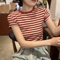 thumbnail image 4 of BUYISI Summer Round Neck Striped Casual Fashion Versatile Short Sleeved T Shirt Women Red XL, 4 of 9