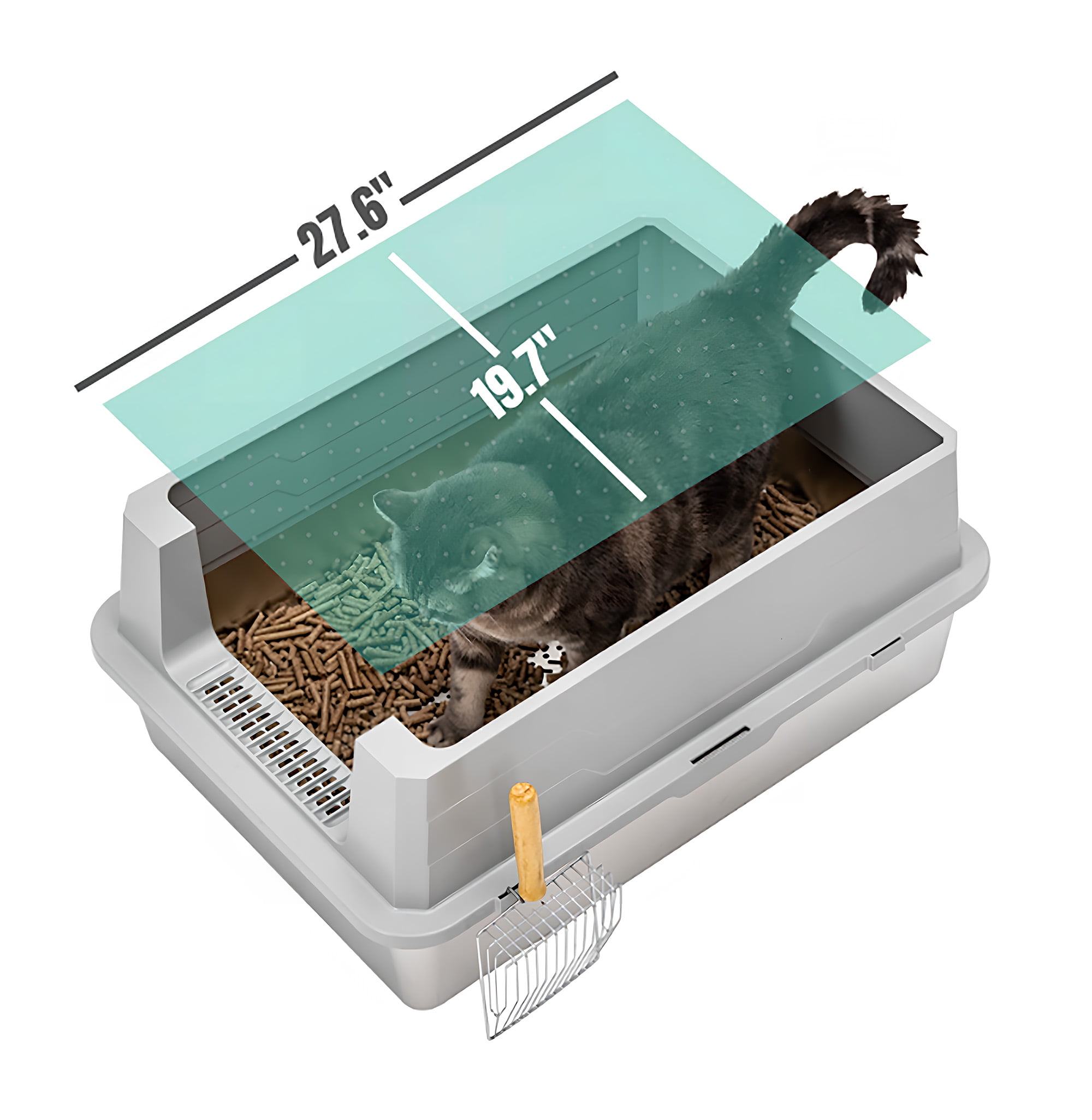 Furrbby XXL Stainless Steel Cat Litter Box with Lid for Pine Pellet, High Side with Scooper, Extra Large Litter Box for Cat, Odor Control, Easy Clean, 27.6*19.7 inch, Gray