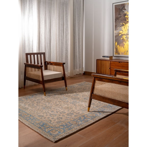 Rugsotic Carpets Hand Knotted Wool Area Rug 4'x6' Beige Blue Oriental Rectangle Indoor Rug for Living Room, Bedroom Antimicrobial HM0004