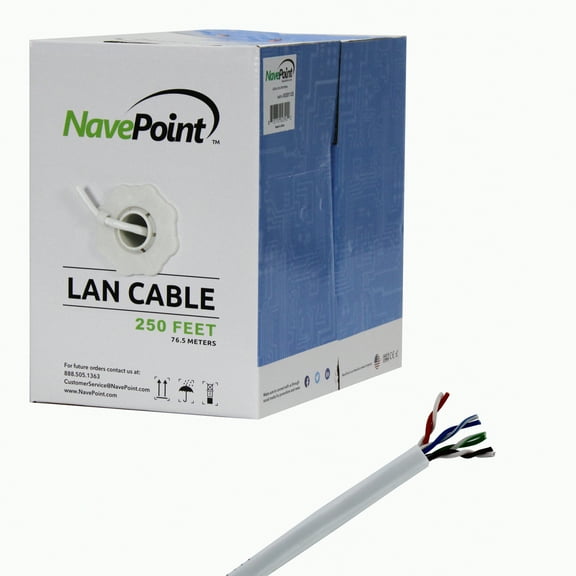 NavePoint CAT5e (CCA), 250ft, White, Solid Bulk Ethernet Cable, 24AWG 4 Pair, Unshielded Twisted Pair (UTP)