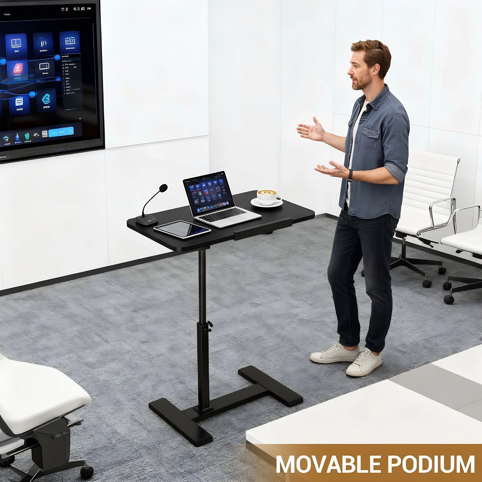 Ataucjin Adjustable Height Rolling Laptop Desk, Mobile Overbed Computer Table with Durable Metal Frame & Tilting Tabletop, Mobile Overbed Workstation for Home, Office, Couch, or Hospital