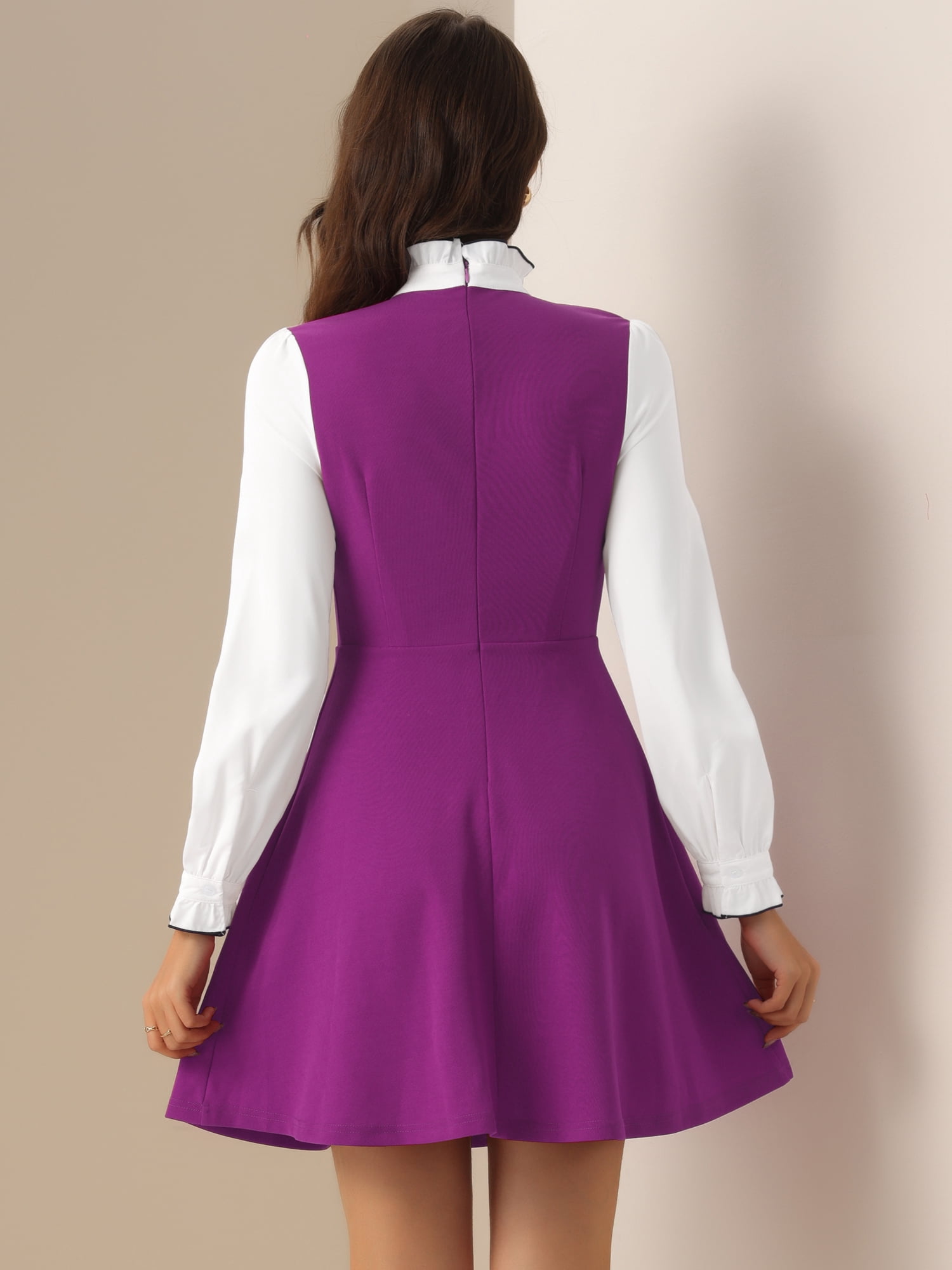 DARING DIVA Contrast Tie Neck Long Sleeve Elegant A-Line Dress M Purple