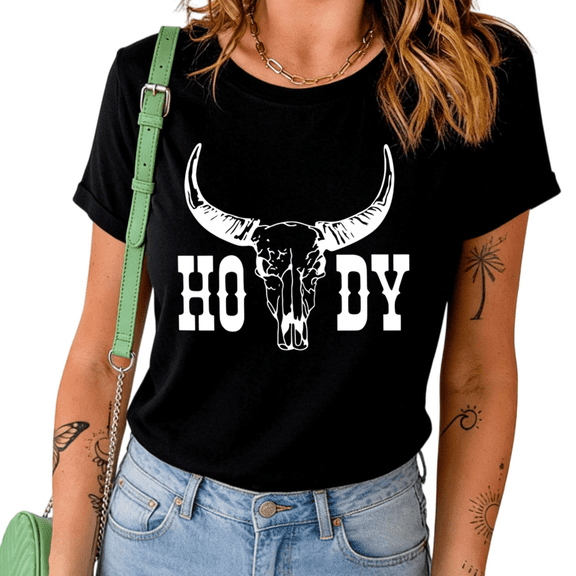 UNISHE Women's Howdy Longhorn Cow Skull Western Letter Graphic Short Sleeve Crew Neck Daily Casual Wear Tops