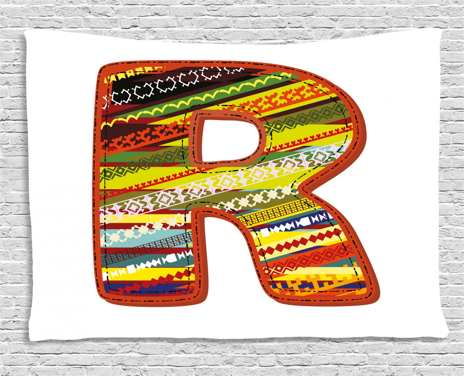 Letter R Tapestry, Ethnic Ornamental R Letter with Abstract Aztec Tribal Effects Shabby Chic 