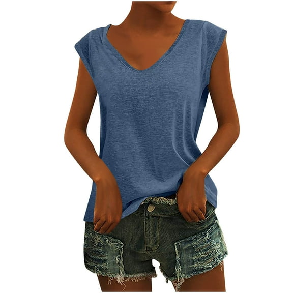 asdoklhq Juniors Plus Tops & T-Shirts, Woman Causal V-Neck Solid Blouse Sleeveless T-Shirt Summer Tops