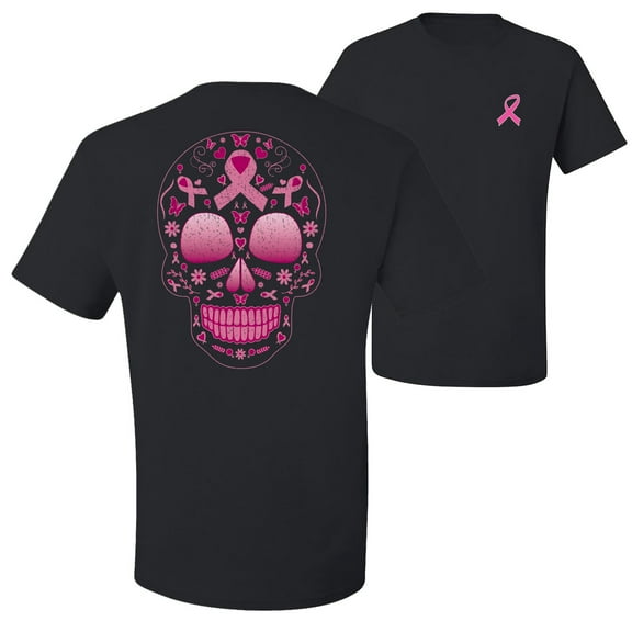 Wild Bobby Pink Breast Cancer Sugar Skull Breast Cancer Awareness Front and Back Men's T-Shirt, Black, Small
