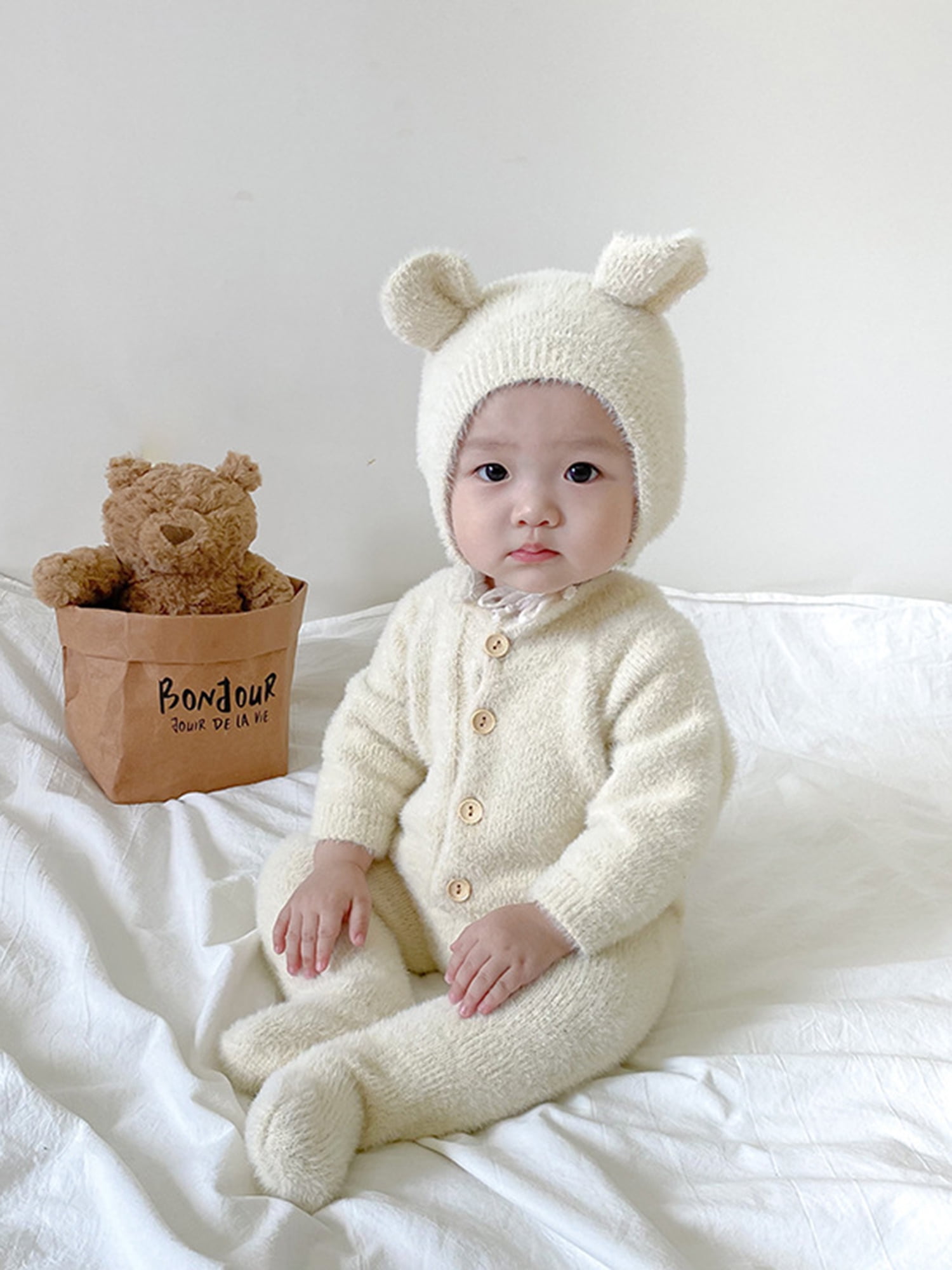 Arvbitana Infant Baby Girl Boy Plush Jumpsuit Long Sleeve Round Neck Button Closure Solid Color Playsuit  + Hat Winter Warm One Pieces Clothes for Infant 2Pcs 0-24M