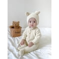 thumbnail image 3 of Infant Baby Winter Plush Jumpsuit Solid Color Long Sleeve Round Neck Button Closure Romper + Hat 2 Piece Outfits, 3 of 5
