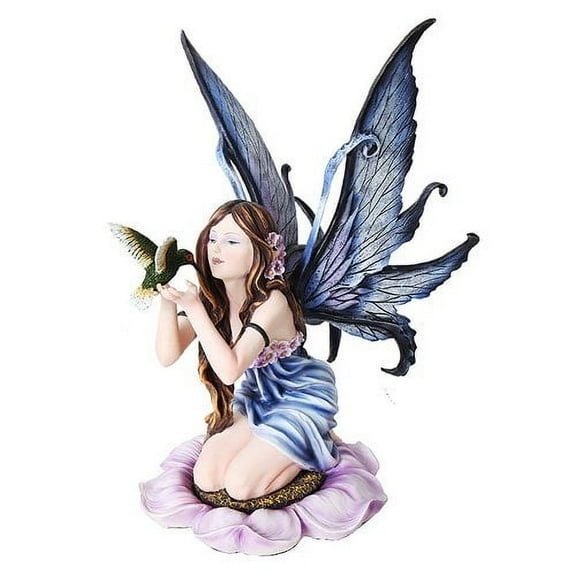 PTC 14.25 Inch Blue Winged Fairy with Humming Bird Statue Figurine