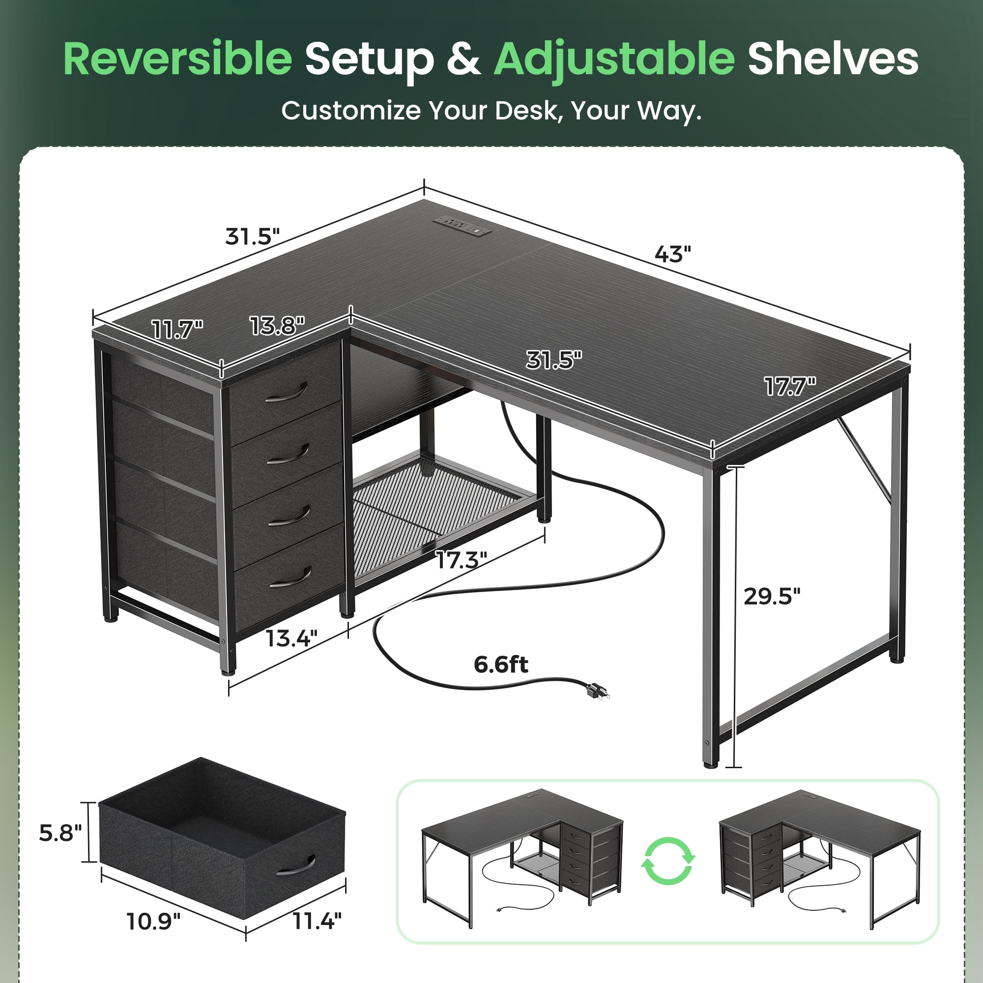 Amadwell 43 Inch L Shaped Desk with Power Outlets & Drawers, Reversible L-Shape Computer Desk