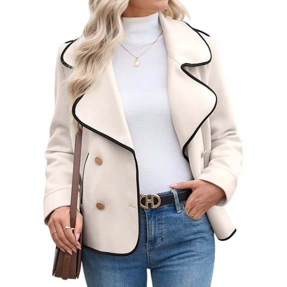Women Contrast Trim Double Breasted -Jacket Long Sleeve Cropped Casual Loose Fit Coats with Pockets Beige S