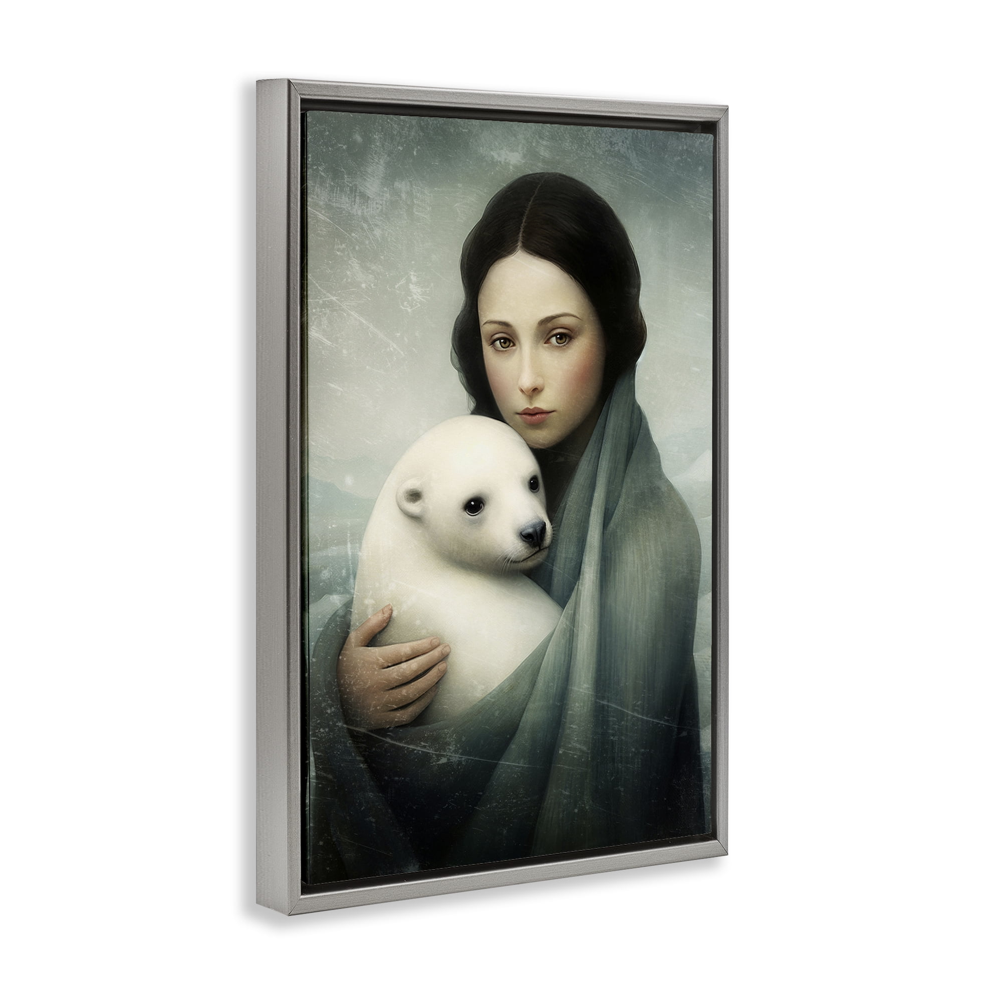 Stupell Industries Girl & Baby Polar Bear People Painting Gray Floater Framed Canvas Art Print Wall Art, 21 x 31