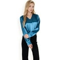 thumbnail image 6 of Women's Satin Long Sleeve V-Neck Blouse with Cuffed Sleeves - X Large, Teal, 6 of 7
