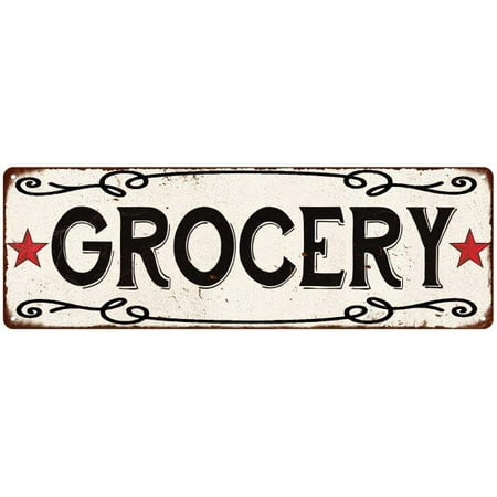 Old Style Metal - GROCERY Country Style w/Red Stars Vintage Look Metal Sign 6x18 Old Advertising Man Cave Game Room M6180779