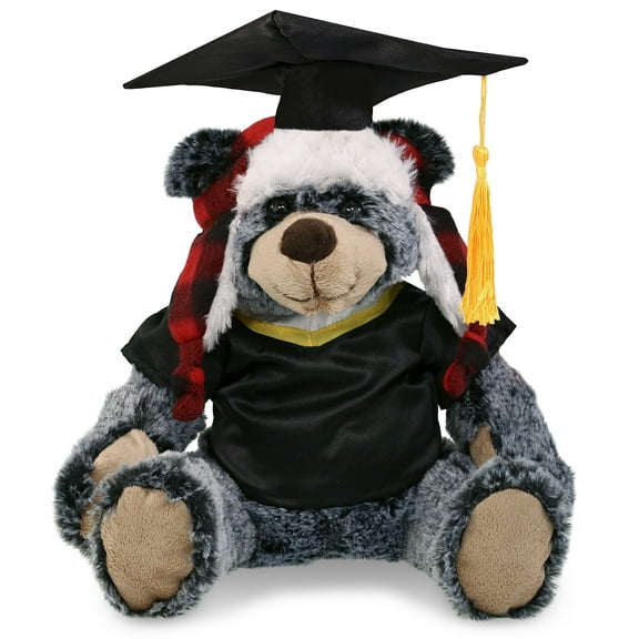 DolliBu Black Bear with Red Plaid Outfit Graduation Plush Toy - Bear Plush Graduation Stuffed Animal Dress Up with Graduation Gown and Cap with Tassel Outfit, Congratulatory Graduation Gift - 9 Inches