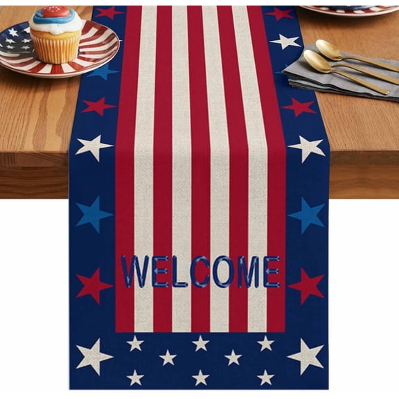 4th of July Table Runner 13x48 Inches Long, American Flag Stripes Table Runners Red Blue White Stars Letters Dresser Scarves Kitchen Dining Table Decorations for Home Independence Day Party Decor