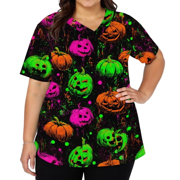 Women's Scrubs V-Neck Halloween Scrub Top, Comfort Fit, Short Sleeve