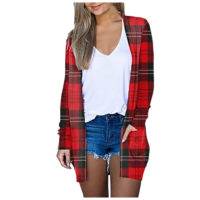 IROINID Women's Mid-Length Shacket Jacket Plaid Long Sleeve Striped Stitching Cardigan Button Coat Plaid Sweater, Red