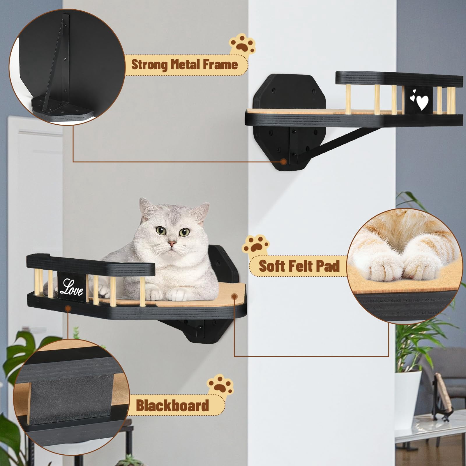 Cat Wall Furniture Wall Mounted, 2PCS Cat Shelves and Cat Perches for Wall with 3 Cat Wall Steps and Scratching Pad, Cat Wall Shelves Fit Cat Up to 15Lbs, Wood Cat Hammock Wall Mount (Black)