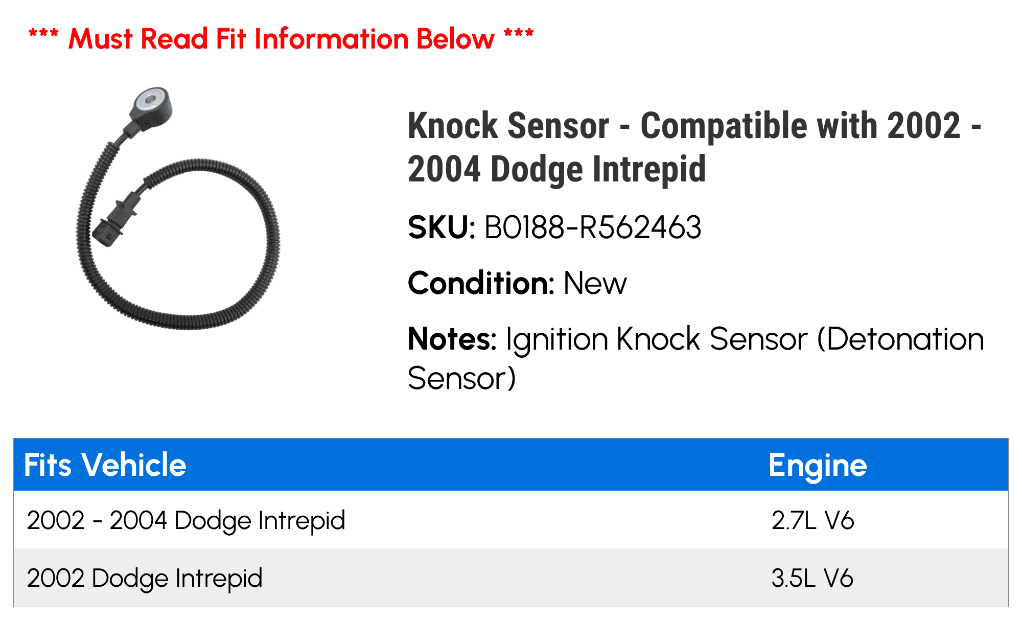Knock Sensor - Compatible with 2002 - 2004 Dodge Intrepid 2003