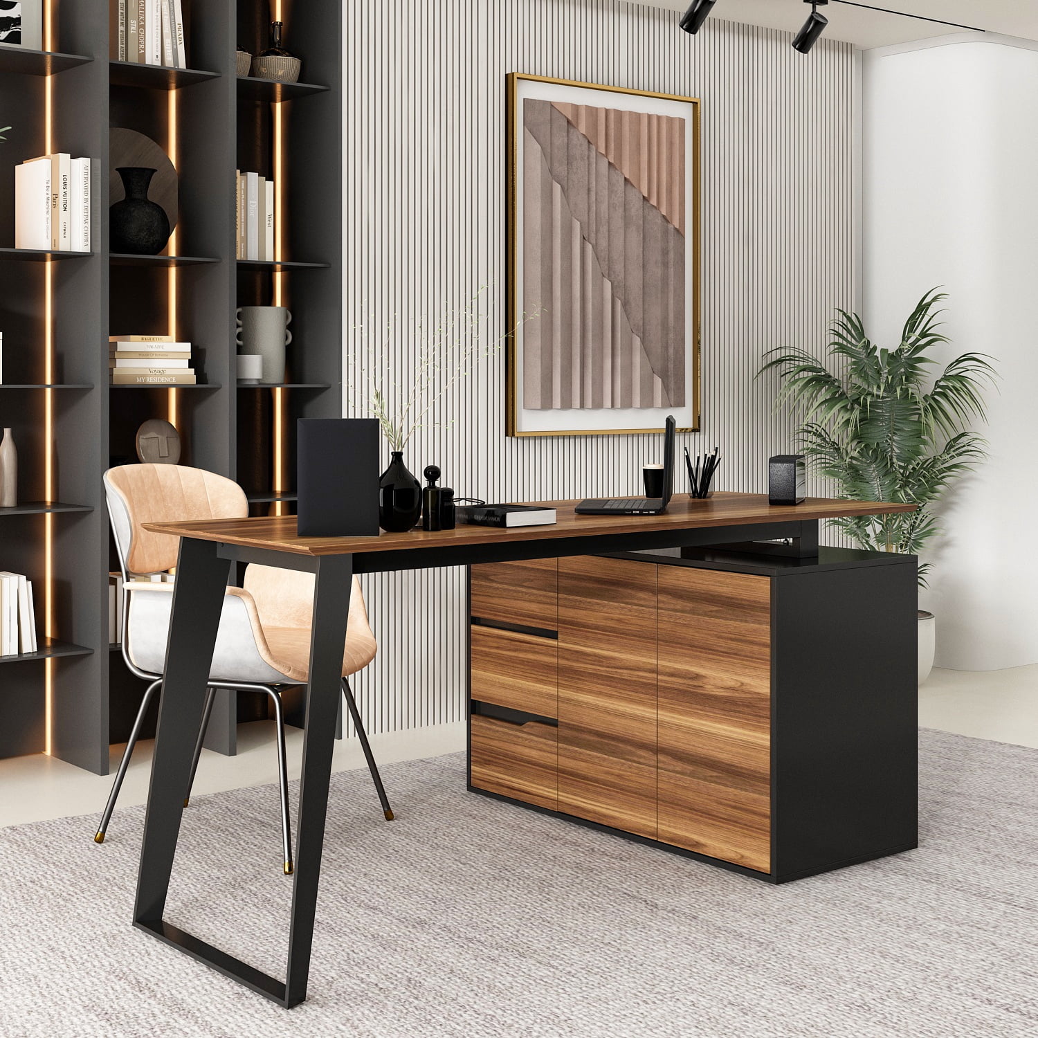 KULAGAGA L Shaped Computer Study Desk with Cabinet and 3 Drawers, Corner Writing Workstation Table with Metal Legs for Home Office, Walnut