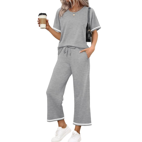 Two Piece Lounge Sets for Women Crew Neck Short Sleeve Shirt and Wide Leg Pants Summer Casual Sweatsuits