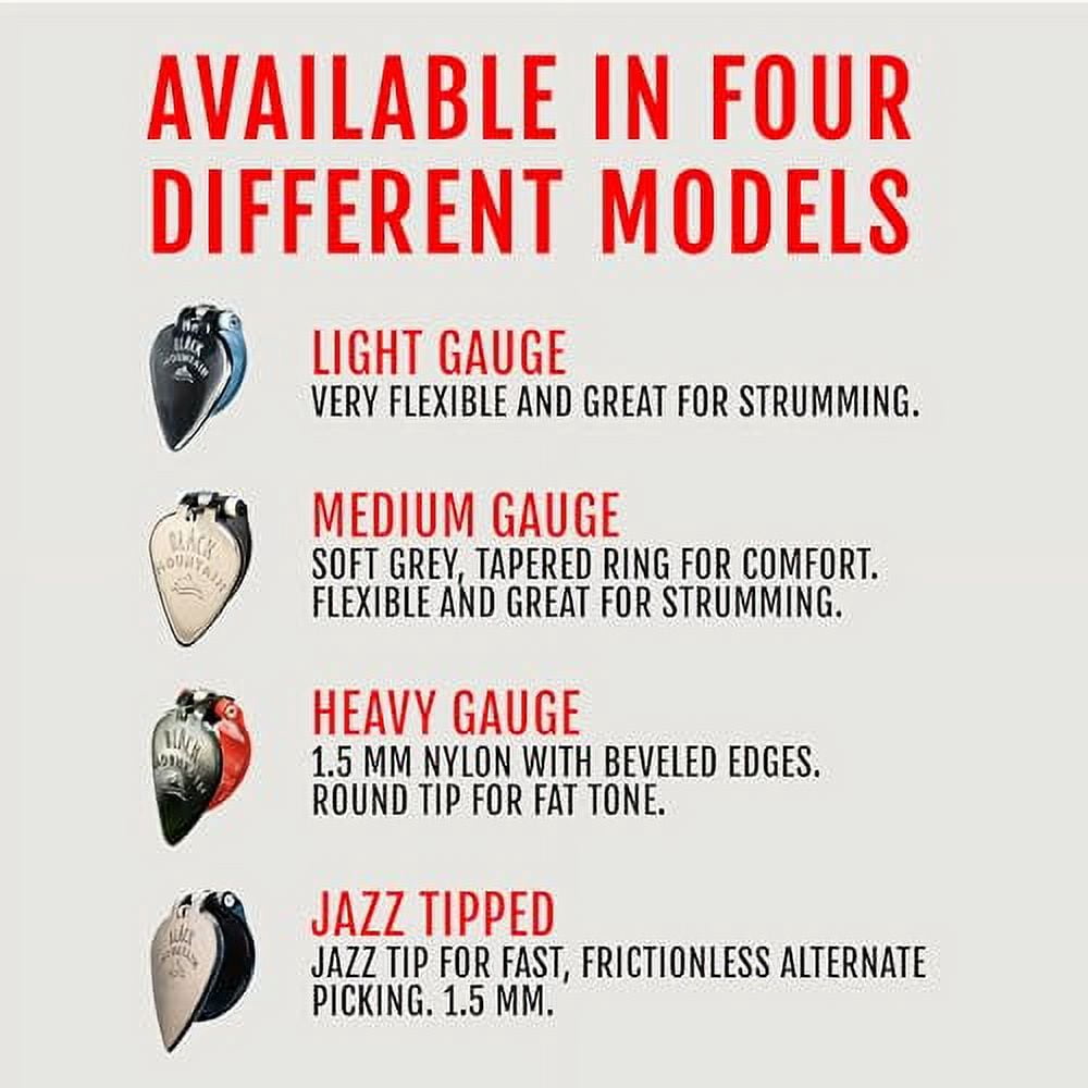 Black Mountain Variety Pack of Spring Loaded Thumb Picks for Acoustic Guitar, Electric Guitar, Ukulele, Banjo, Dobro, Mountain Dulcimer, Mandolin, and More. Universal Fit for Medium to XL Thumbs