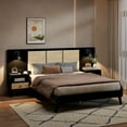 thumbnail image 3 of Luxurious Queen Platform Bed Frame, Solid Wood Headboard with 2 Built-in Wall Sconces & Nightstands, 3-Piece Set Queen Bed Frame for Living Room, Black, 3 of 9