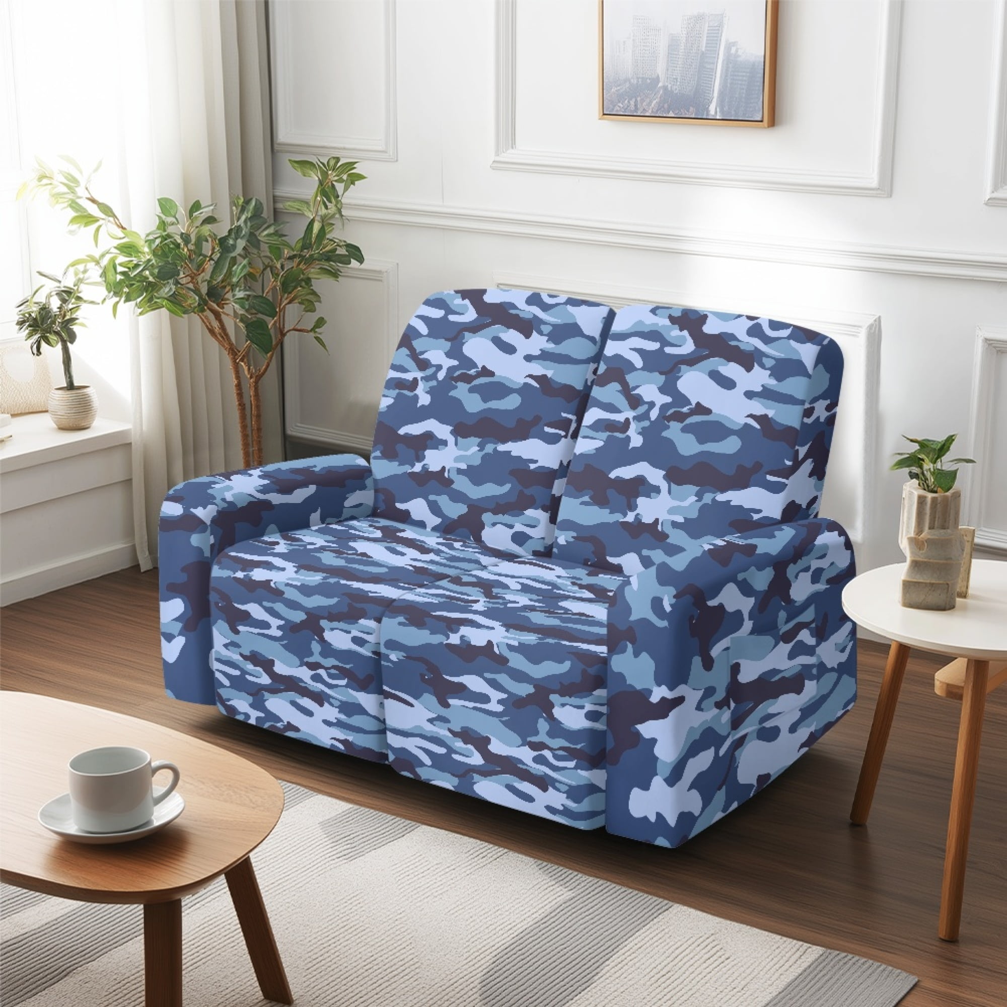 TSOVTHRID Blue Camouflage Pattern Loveseat Covers Stretch Love Seat Sofa Covers Washable Reclining Loveseat Slipcover 2 Seat Couch Covers for Living Room Decor