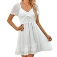thumbnail image 1 of Vestido de manga corta para mujer, cuello en V, color puro, vestido de cintura fruncida para damas, uso informal de verano, blanco S, 1 of 5