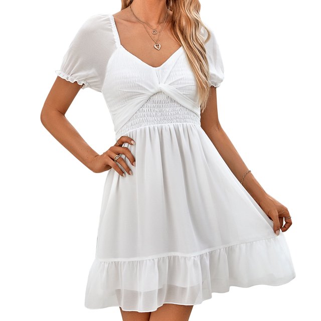 Vestido de manga corta para mujer, cuello en V, color puro, vestido de cintura fruncida para damas, uso informal de verano, blanco S