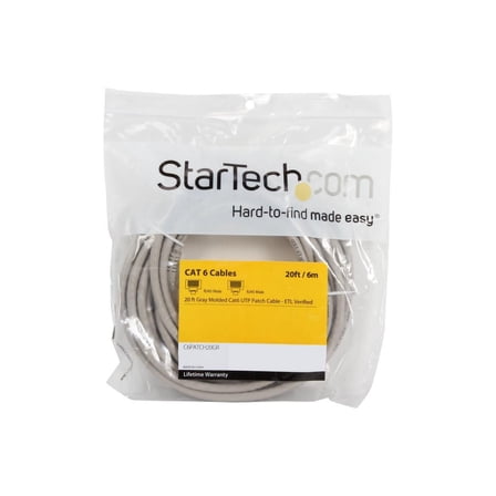 StarTech 20ft CAT6 Ethernet Cable - Gray CAT 6 Gigabit Ethernet Wire -250Mhz 100W PoE   RJ45 UTP Molded Category 6 Network Patch Cord (C6PATCH20GR)