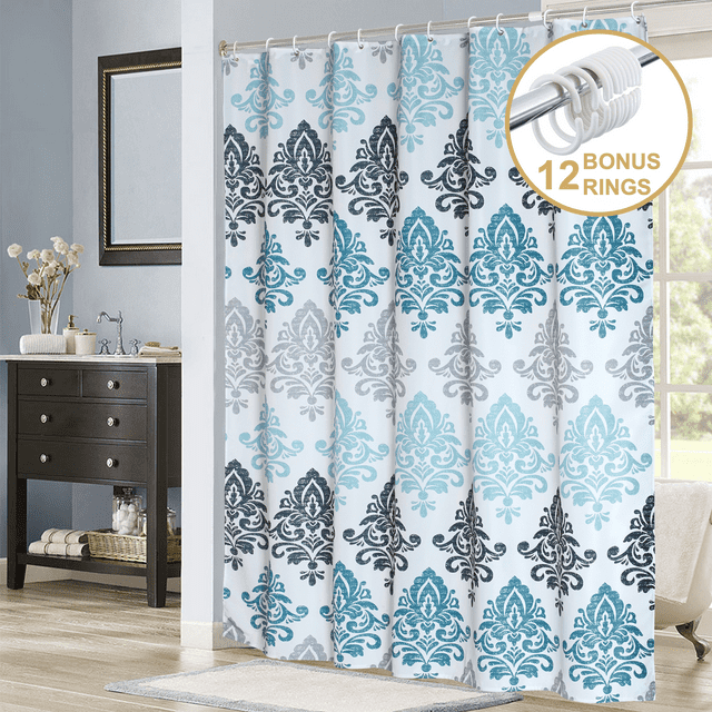 ComfiTime Boho Shower Curtain with Hooks – Heavy-Duty Mold/Mildew-Resistant, Weighted-Hem Fabric Bathroom Curtain, Water-Repellent, Machine-Washable, Fade-Resistant, Bohemian Design, 72 x 72, Blue