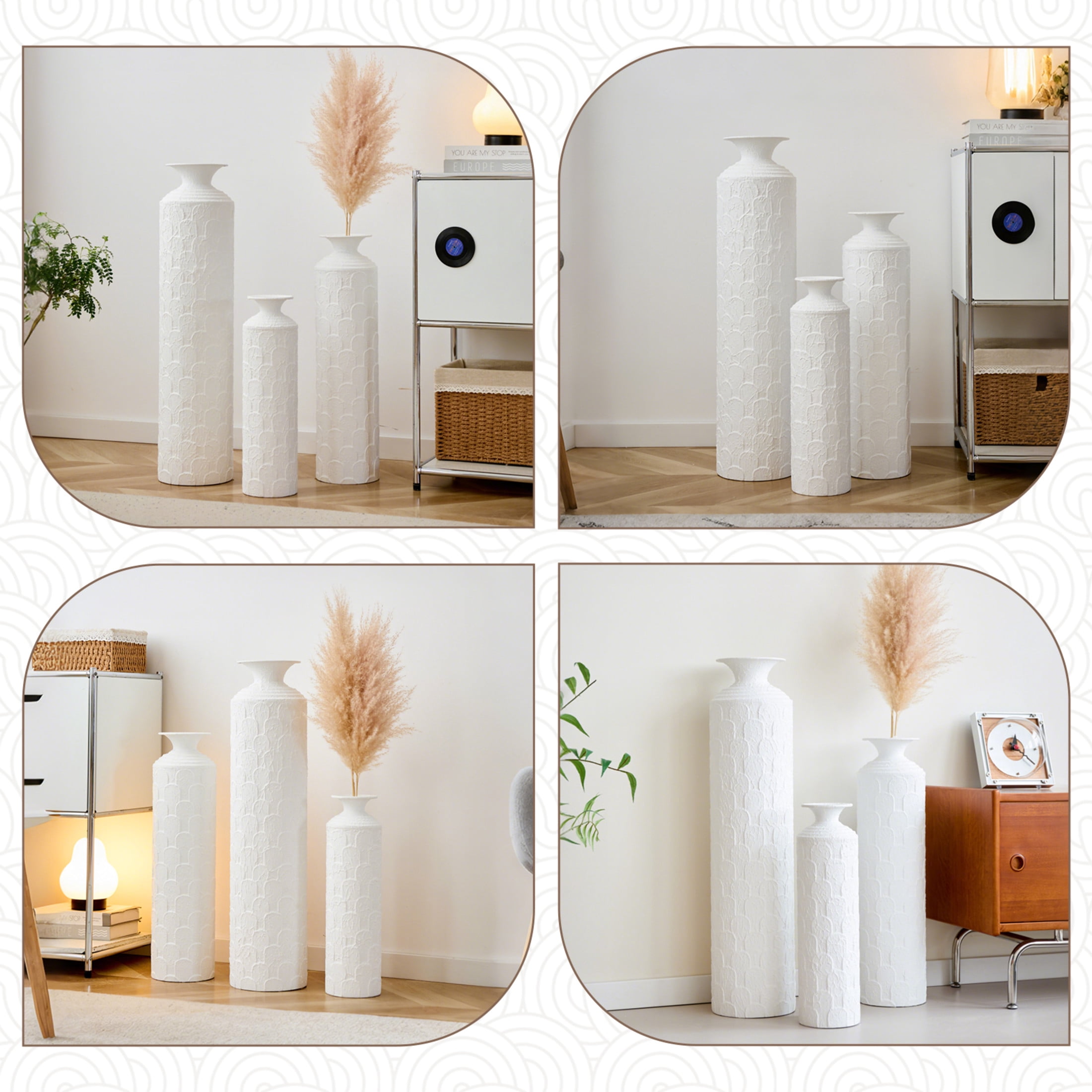 Noble House 3-Piece Metal Floor Vase Set, 33.46", 25.59", 19.69" Textured Decorative Vases, White