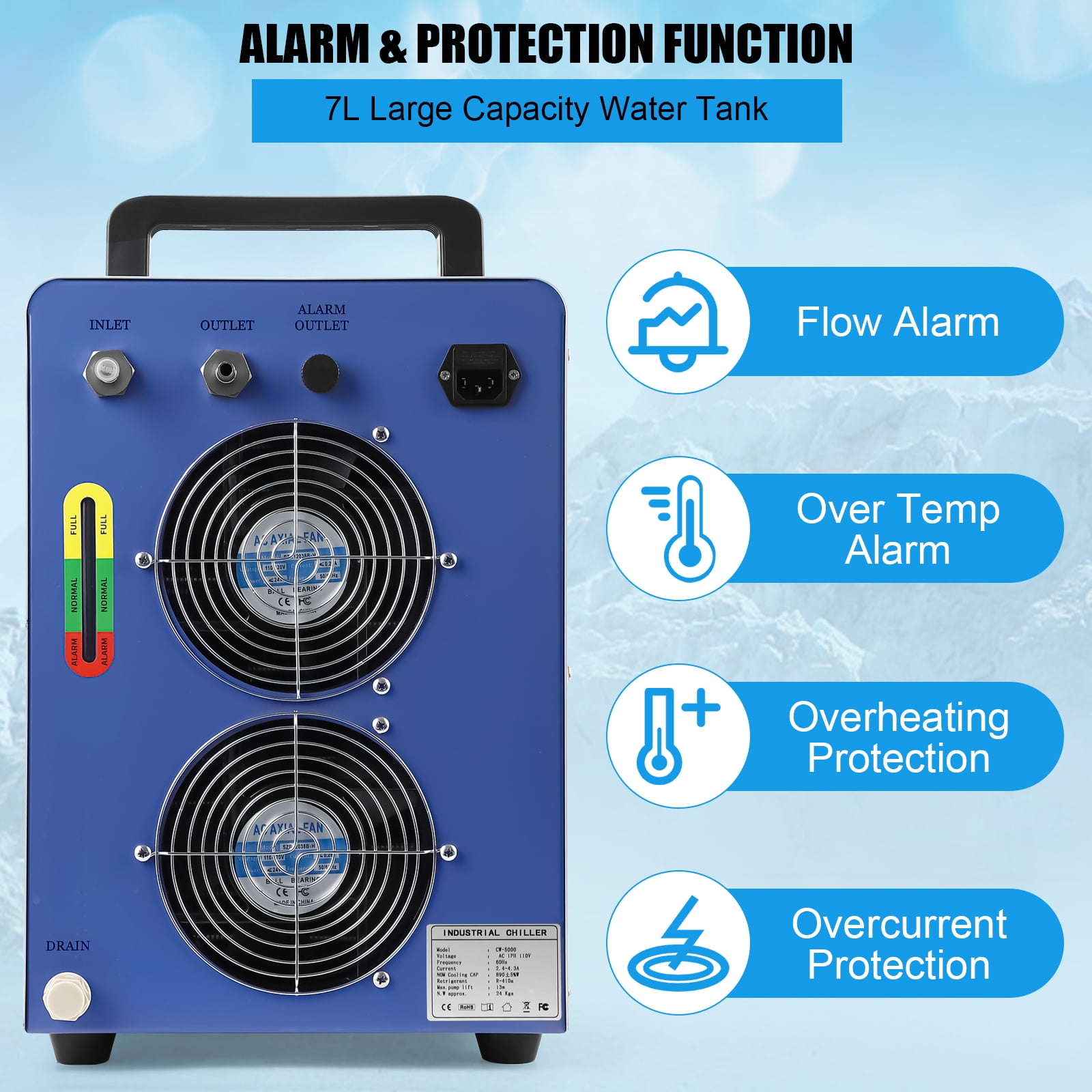 Industrial Water Chiller, 7L Industrial Water Cooling Chiller, 2.64GPM FlowRate Water Cooling System, CW-5000 Thermolysis Water Chiller, Water Cooler for 40-100W CO2 Laser Engraving&Cutting Machine